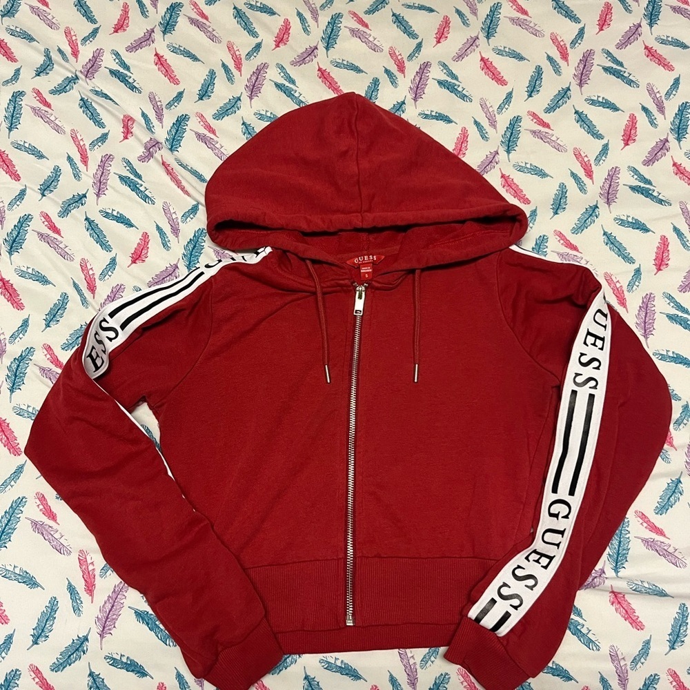 🌸Guess Red Crop Hoodie with Logo Sleeves